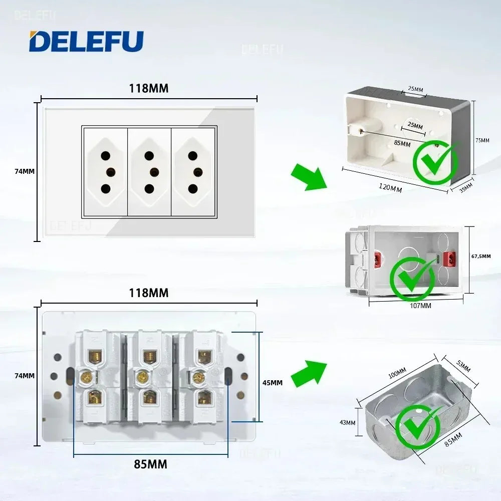 DELEFU 4*2 White Tempered Glass Brazil Standard Outlet with Double USB Type C Wall Power Socket Smart Switch Tuya Wifi 10A 20A